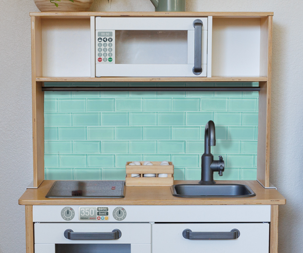 IKEA DUKTIG Play Kitchen Backsplash – Aqua Glass Subway Tile (Easy DIY Upgrade)