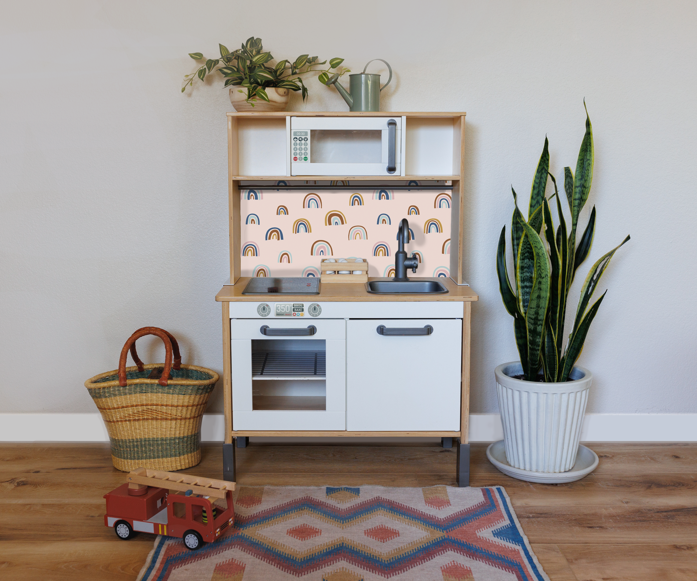 Boho Rainbow Printed Backsplash Board for Ikea DUKTIG Play Kitchen // Makeover, Diy, Hack, Ikea, Custom