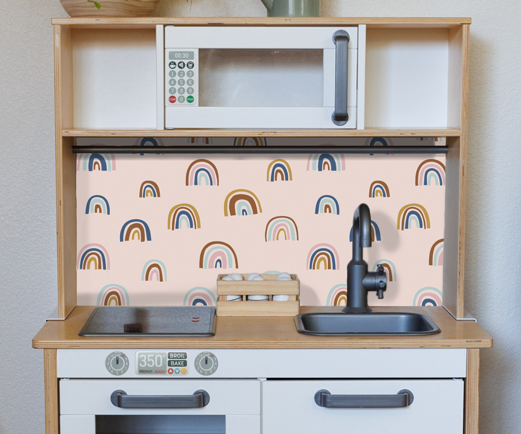 IKEA DUKTIG Play Kitchen Backsplash – Boho Rainbow Print (Easy DIY Upgrade)