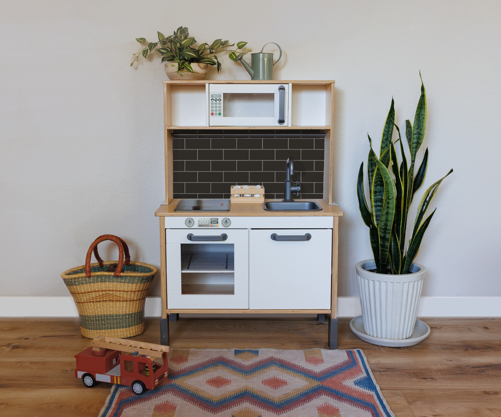 Dark Gray Subway Tile Printed Backsplash Board for Ikea DUKTIG Play Kitchen // Makeover, Diy, Hack, Ikea, Custom