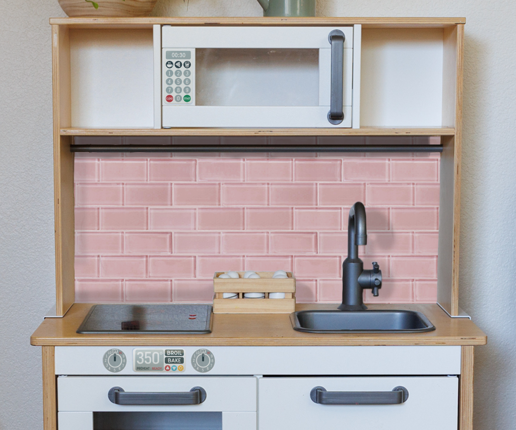 IKEA DUKTIG Play Kitchen Backsplash – Pink Glass Subway Tile (Easy DIY Upgrade)