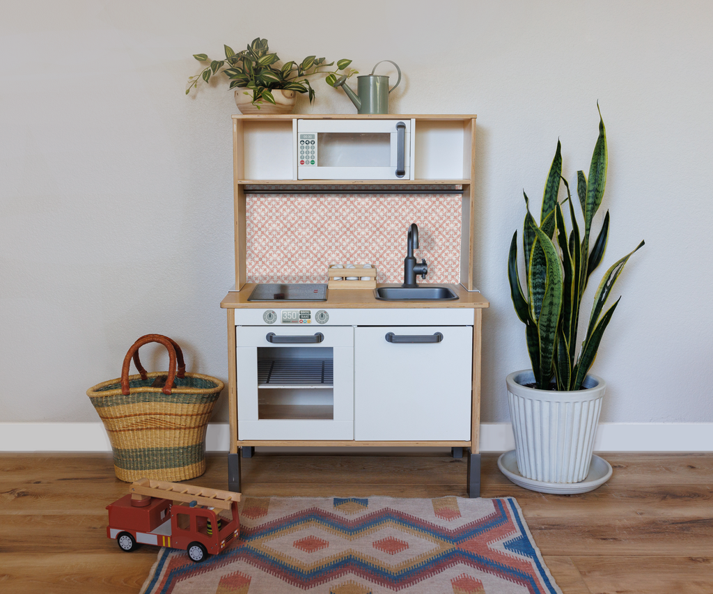 Pink Floral Tile Printed Backsplash Board for Ikea DUKTIG Play Kitchen // Makeover, Diy, Hack, Ikea, Custom