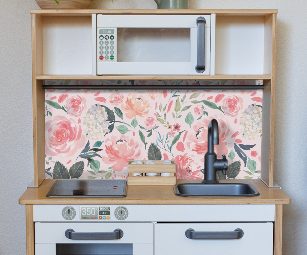 IKEA DUKTIG Play Kitchen Backsplash – Pink Floral Print (Easy DIY Upgrade)